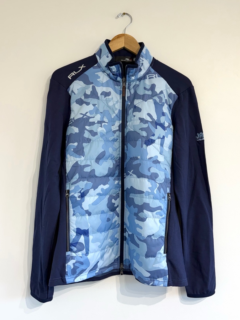 RLX Ralph Lauren Cool Wool Full Zip Golf Hybrid Jacket French Navy Mid Blue Camo